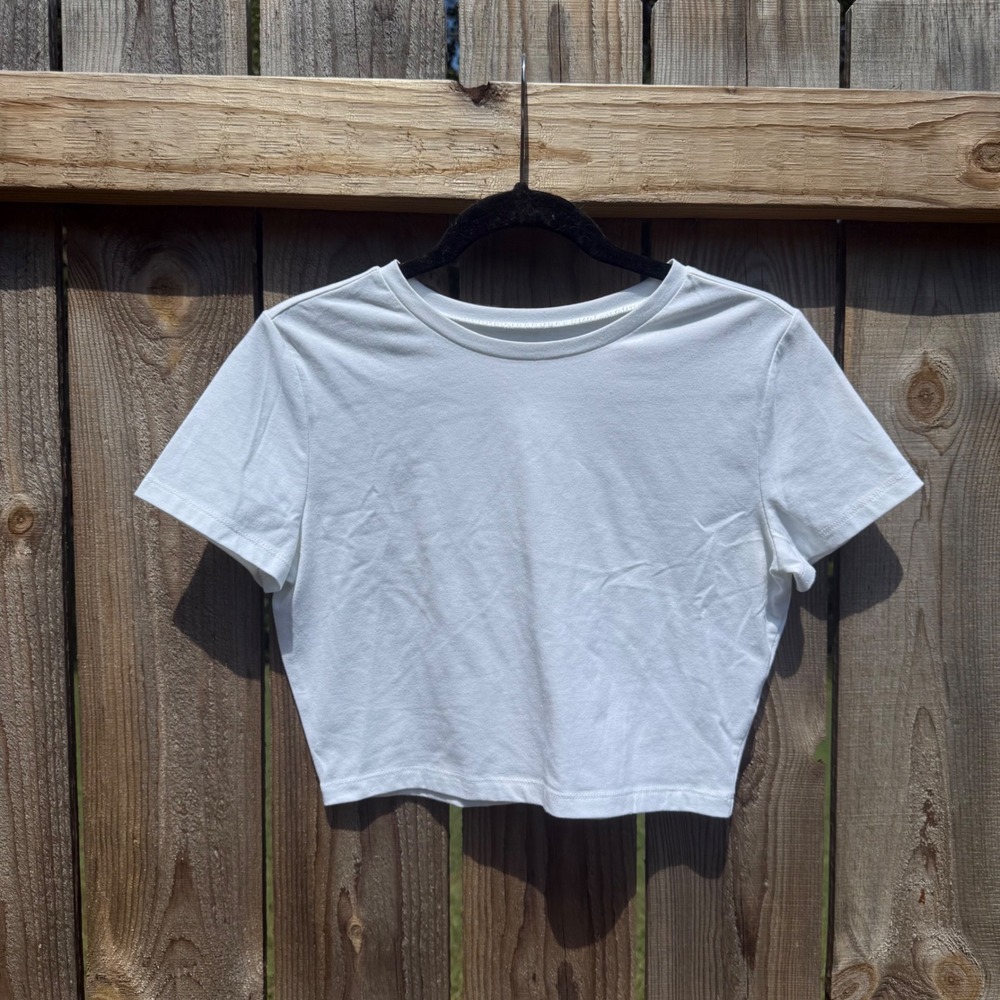 Wild Fable White Short Sleeve Cropped T-Shirt Crew Neck Basic Tee Large